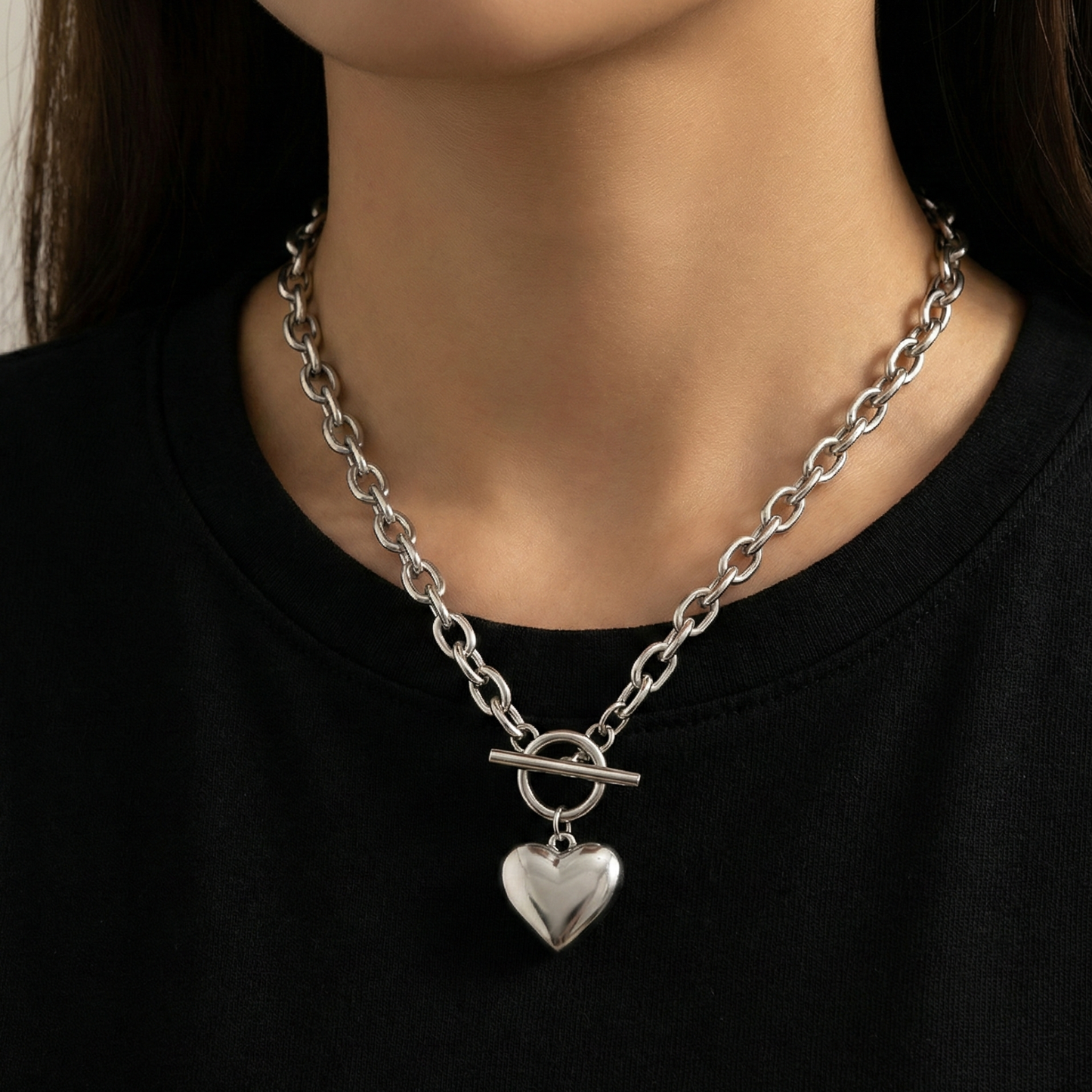 Stainless Steel Heart Charm and Clasp Necklace