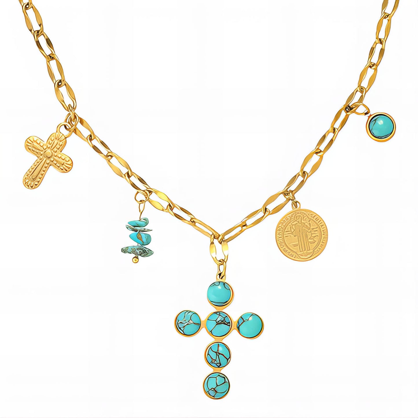 18K Gold-plated Stainless Steel Turquoise Cross Necklace