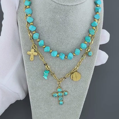 18K Gold-plated Stainless Steel Turquoise Cross Necklace